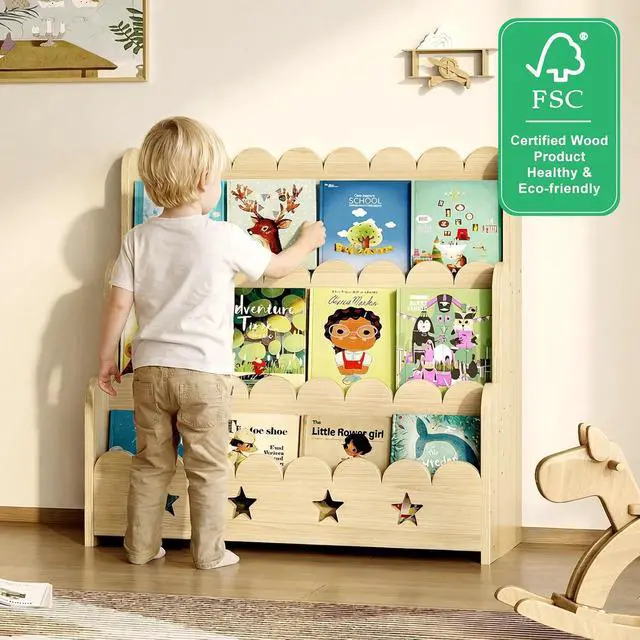 Alt view image 7 of 7 - Scalloped Bookshelf for Kids, 3-Tier Front Facing Book Display Shelf, Solid Wood Montessori Bookcase Organizer for Bedroom, Nursery, Playroom & Classroom