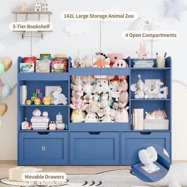 Alt view image 3 of 7 - 61" W Toy Organizer with Stuffed Animal Storage 3 Tier Bookshelf