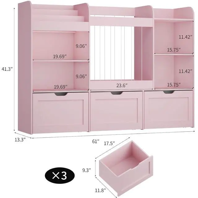 Alt view image 2 of 7 - 61"W Wooden Toy Storage and Kids Bookshelf, Large Stuffed Animal Storage