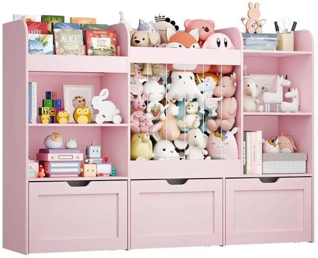 Main image of 61"W Wooden Toy Storage and Kids Bookshelf, Large Stuffed Animal Storage