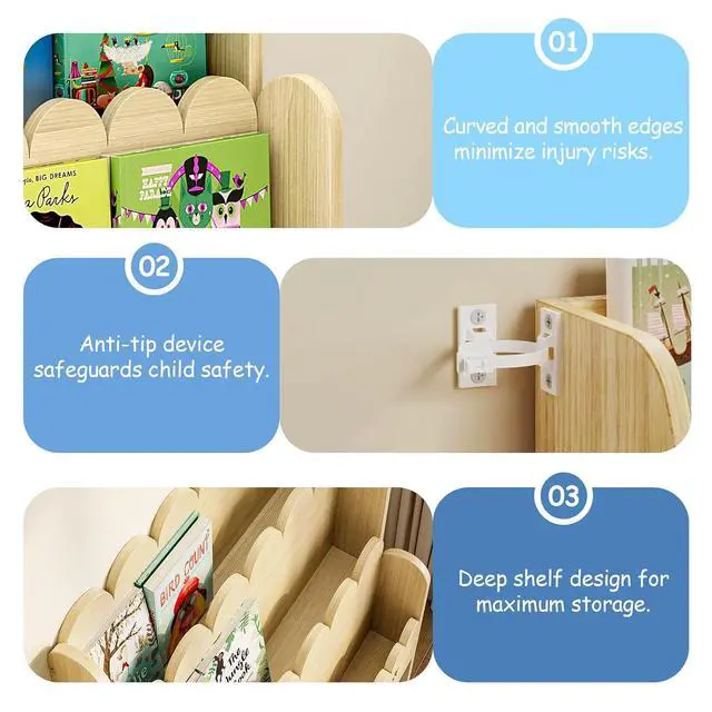 Alt view image 4 of 7 - 2-in-1 Kids Bookshelf with Toy Storage Drawers, Scalloped Montessori Bookcase Front Facing for Toddlers, Solid Wood Book Display & Organizer for Nursery, Playroom, Bedroom & Classroom
