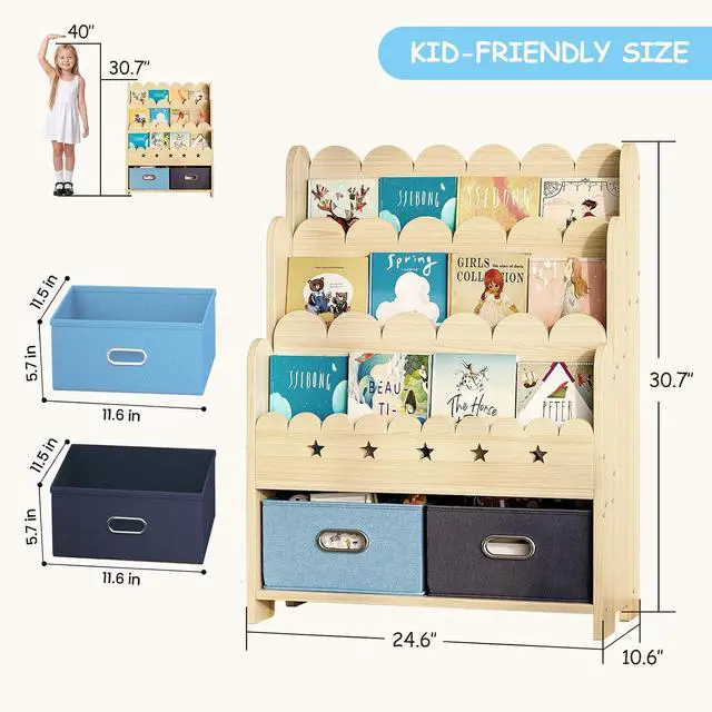 Alt view image 2 of 7 - 2-in-1 Kids Bookshelf with Toy Storage Drawers, Scalloped Montessori Bookcase Front Facing for Toddlers, Solid Wood Book Display & Organizer for Nursery, Playroom, Bedroom & Classroom