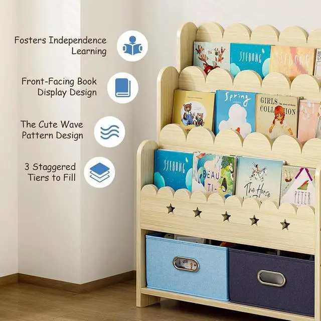 Alt view image 3 of 7 - 2-in-1 Kids Bookshelf with Toy Storage Drawers, Scalloped Montessori Bookcase Front Facing for Toddlers, Solid Wood Book Display & Organizer for Nursery, Playroom, Bedroom & Classroom