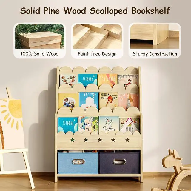 Alt view image 7 of 7 - 2-in-1 Kids Bookshelf with Toy Storage Drawers, Scalloped Montessori Bookcase Front Facing for Toddlers, Solid Wood Book Display & Organizer for Nursery, Playroom, Bedroom & Classroom