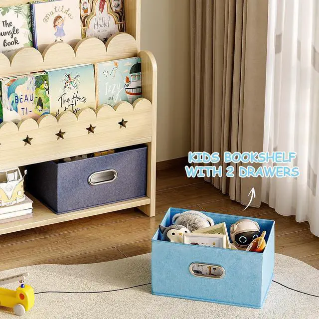 Alt view image 5 of 7 - 2-in-1 Kids Bookshelf with Toy Storage Drawers, Scalloped Montessori Bookcase Front Facing for Toddlers, Solid Wood Book Display & Organizer for Nursery, Playroom, Bedroom & Classroom