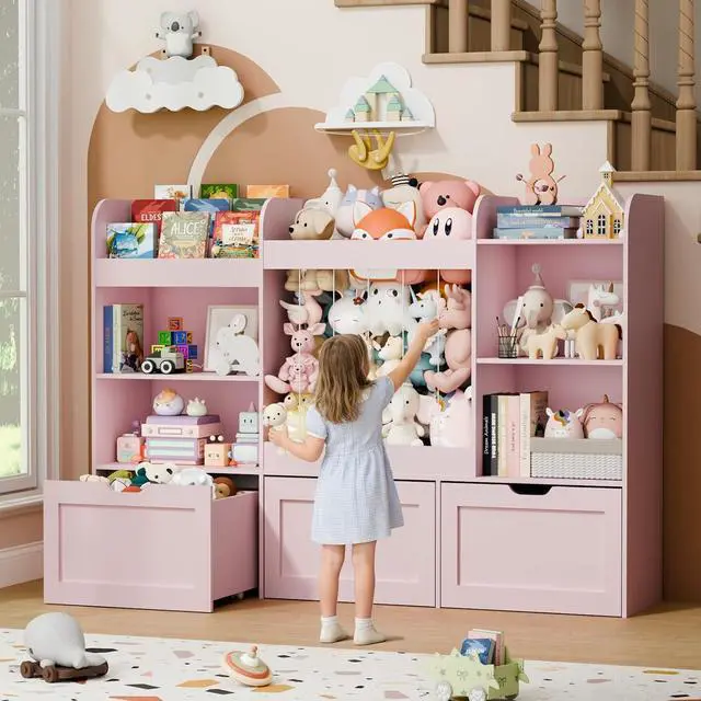 Alt view image 4 of 7 - 61"W Wooden Toy Storage and Kids Bookshelf, Large Stuffed Animal Storage