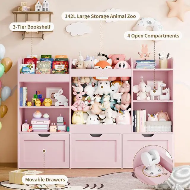 Alt view image 3 of 7 - 61"W Wooden Toy Storage and Kids Bookshelf, Large Stuffed Animal Storage