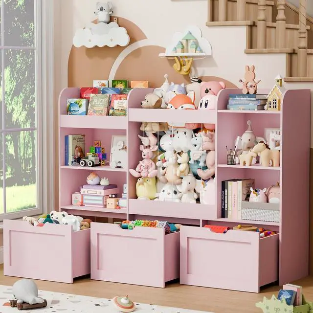 Alt view image 5 of 7 - 61"W Wooden Toy Storage and Kids Bookshelf, Large Stuffed Animal Storage