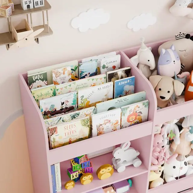 Alt view image 7 of 7 - 61"W Wooden Toy Storage and Kids Bookshelf, Large Stuffed Animal Storage