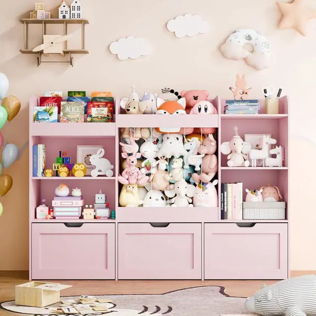 Alt view image 6 of 7 - 61"W Wooden Toy Storage and Kids Bookshelf, Large Stuffed Animal Storage