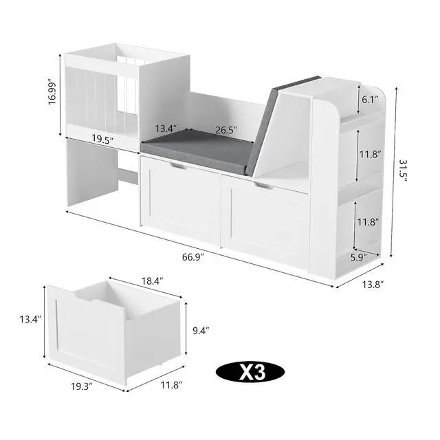 Alt view image 2 of 7 - 66.9" Kids Reading Nook, Toy Storage Organizer with Stuffed Animal Storage, Bench and Removable Cushions, Wooden Toddler Bookshelf with 3 Movable Drawers for Nursery, Playroom (White)
