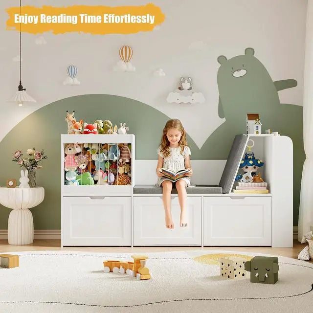 Alt view image 4 of 7 - 66.9" Kids Reading Nook, Toy Storage Organizer with Stuffed Animal Storage, Bench and Removable Cushions, Wooden Toddler Bookshelf with 3 Movable Drawers for Nursery, Playroom (White)