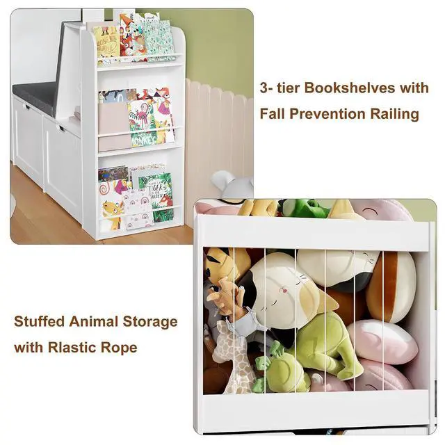 Alt view image 3 of 7 - 66.9" Kids Reading Nook, Toy Storage Organizer with Stuffed Animal Storage, Bench and Removable Cushions, Wooden Toddler Bookshelf with 3 Movable Drawers for Nursery, Playroom (White)