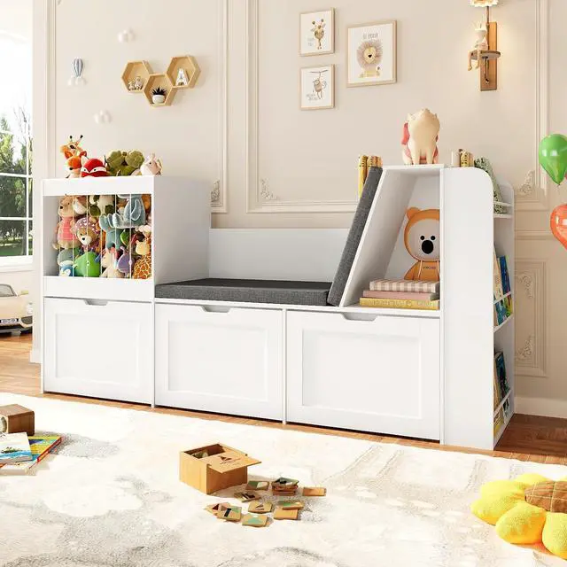 Main image of 66.9" Kids Reading Nook, Toy Storage Organizer with Stuffed Animal Storage, Bench and Removable Cushions, Wooden Toddler Bookshelf with 3 Movable Drawers for Nursery, Playroom (White)