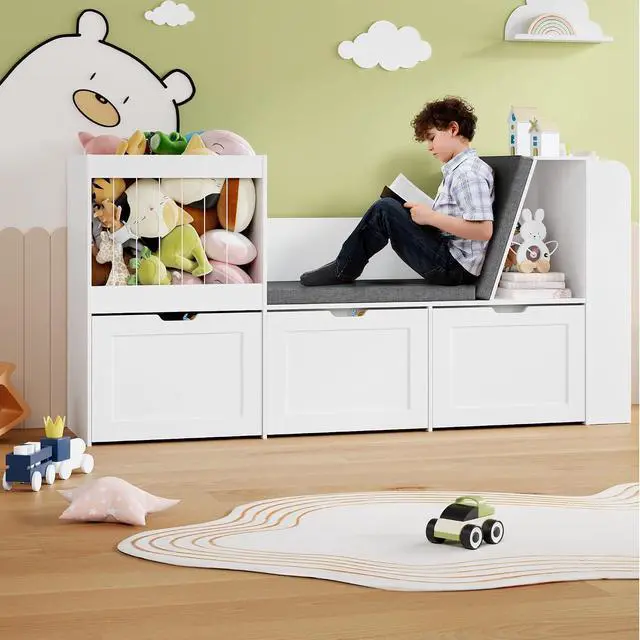 Alt view image 5 of 7 - 66.9" Kids Reading Nook, Toy Storage Organizer with Stuffed Animal Storage, Bench and Removable Cushions, Wooden Toddler Bookshelf with 3 Movable Drawers for Nursery, Playroom (White)