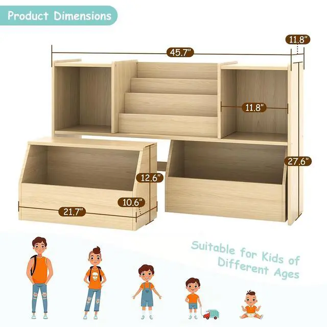 Alt view image 2 of 7 - Solid Wood Kids Bookshelf and Toy Storage Organizer, 3-in-1 Montessori Bookcase with Storage Cubbies and 2 Rolling Toy Bins, Toddler Bookshelf for Kids Room, Playroom, Nursery
