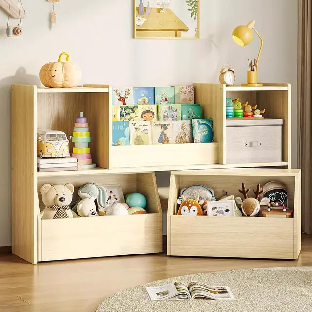 Main image of Solid Wood Kids Bookshelf and Toy Storage Organizer, 3-in-1 Montessori Bookcase with Storage Cubbies and 2 Rolling Toy Bins, Toddler Bookshelf for Kids Room, Playroom, Nursery