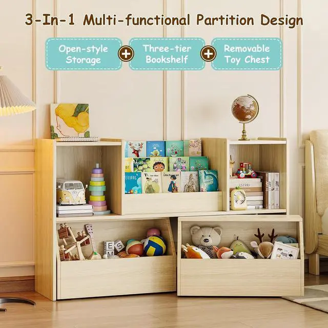 Alt view image 4 of 7 - Solid Wood Kids Bookshelf and Toy Storage Organizer, 3-in-1 Montessori Bookcase with Storage Cubbies and 2 Rolling Toy Bins, Toddler Bookshelf for Kids Room, Playroom, Nursery