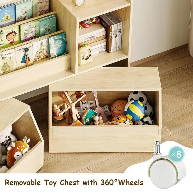 Alt view image 3 of 7 - Solid Wood Kids Bookshelf and Toy Storage Organizer, 3-in-1 Montessori Bookcase with Storage Cubbies and 2 Rolling Toy Bins, Toddler Bookshelf for Kids Room, Playroom, Nursery