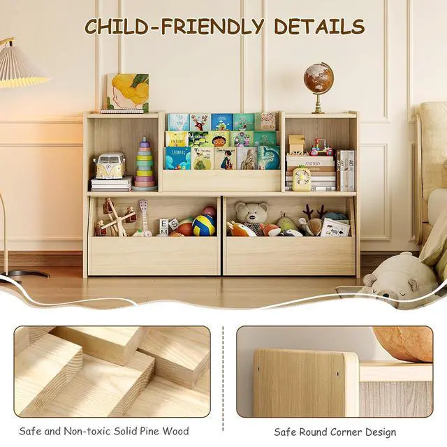 Alt view image 5 of 7 - Solid Wood Kids Bookshelf and Toy Storage Organizer, 3-in-1 Montessori Bookcase with Storage Cubbies and 2 Rolling Toy Bins, Toddler Bookshelf for Kids Room, Playroom, Nursery