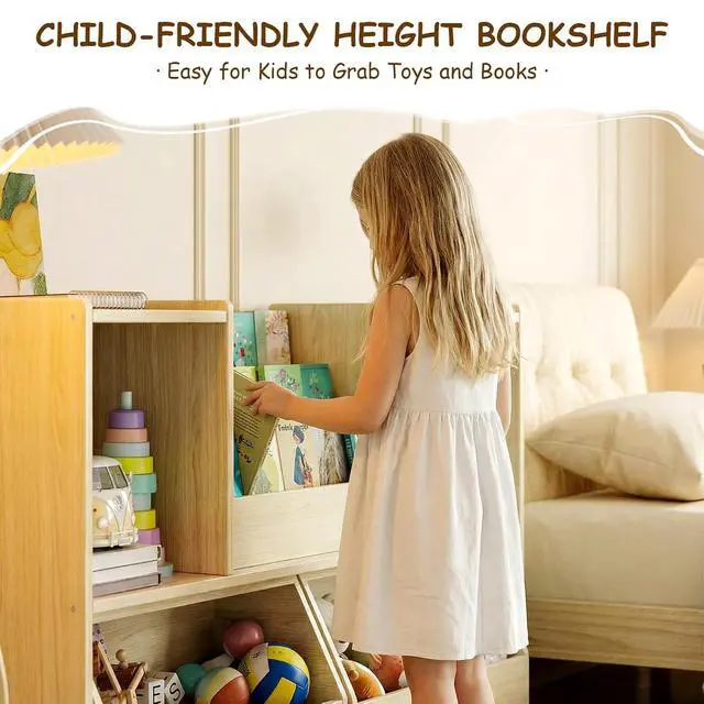 Alt view image 6 of 7 - Solid Wood Kids Bookshelf and Toy Storage Organizer, 3-in-1 Montessori Bookcase with Storage Cubbies and 2 Rolling Toy Bins, Toddler Bookshelf for Kids Room, Playroom, Nursery