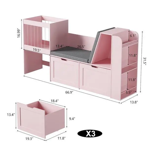 Alt view image 2 of 7 - 66.9" W Kids Reading Nook with Bookshelf and Stuffed Animal Storage