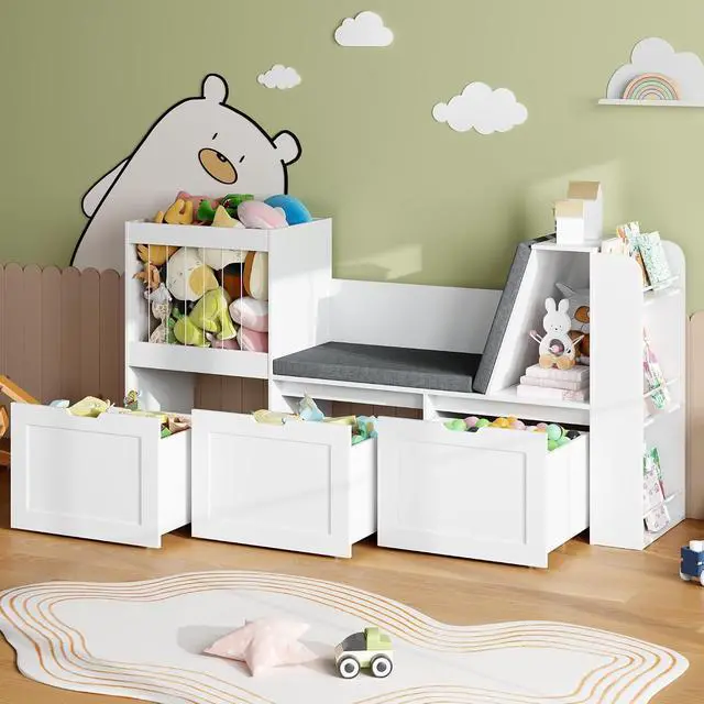 Alt view image 7 of 7 - 66.9" Kids Reading Nook, Toy Storage Organizer with Stuffed Animal Storage, Bench and Removable Cushions, Wooden Toddler Bookshelf with 3 Movable Drawers for Nursery, Playroom (White)