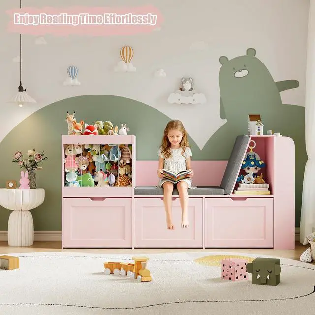 Alt view image 5 of 7 - 66.9" W Kids Reading Nook with Bookshelf and Stuffed Animal Storage