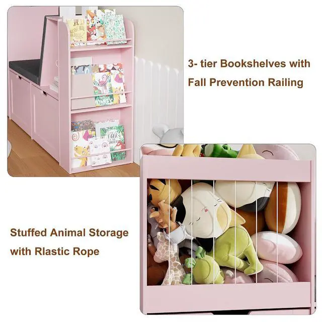 Alt view image 4 of 7 - 66.9" W Kids Reading Nook with Bookshelf and Stuffed Animal Storage
