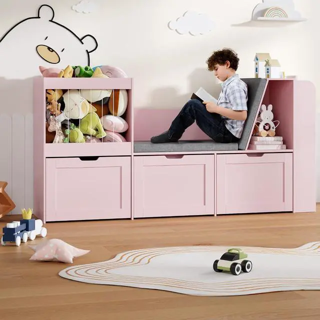 Alt view image 6 of 7 - 66.9" W Kids Reading Nook with Bookshelf and Stuffed Animal Storage
