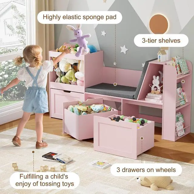 Alt view image 3 of 7 - 66.9" W Kids Reading Nook with Bookshelf and Stuffed Animal Storage