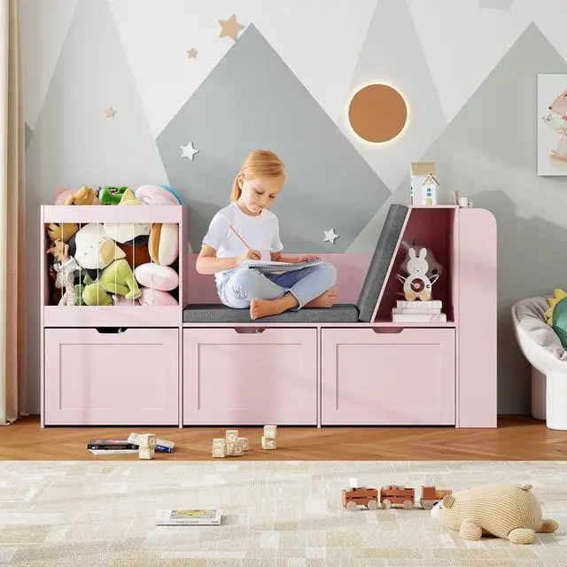 Alt view image 7 of 7 - 66.9" W Kids Reading Nook with Bookshelf and Stuffed Animal Storage