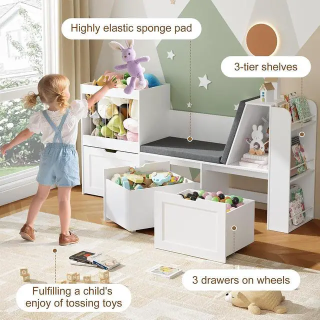 Alt view image 6 of 7 - 66.9" Kids Reading Nook, Toy Storage Organizer with Stuffed Animal Storage, Bench and Removable Cushions, Wooden Toddler Bookshelf with 3 Movable Drawers for Nursery, Playroom (White)