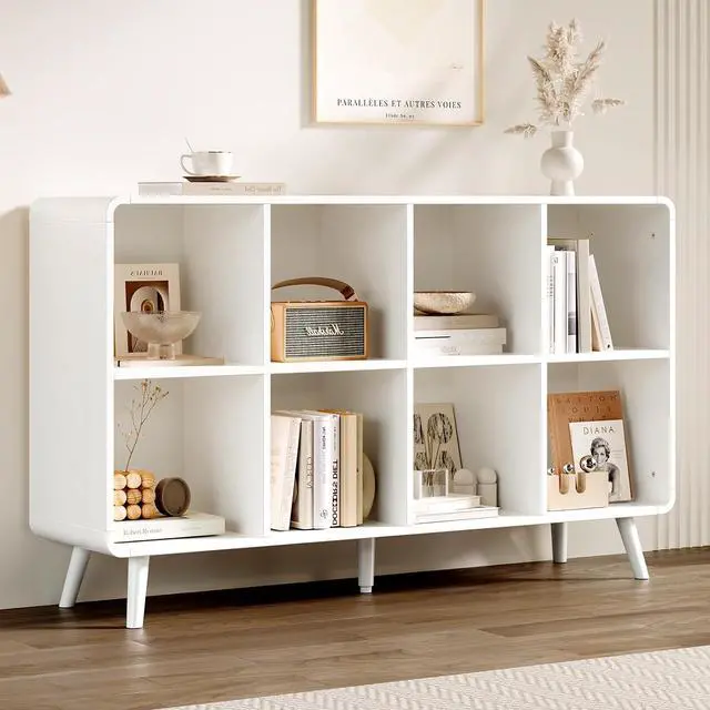 Main image of 8 Cube Storage Organizer, Wooden Cube Shelf with Legs, Modern Curved Edge Bookcase with 2 Removable Back Panels, 2-Tier Open Book Shelf for Living Room Bedroom Office Entryway