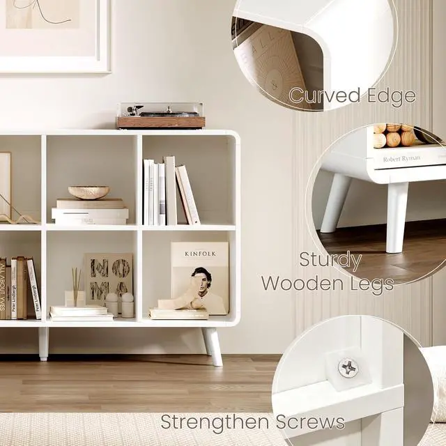 Alt view image 3 of 7 - 8 Cube Storage Organizer, Wooden Cube Shelf with Legs, Modern Curved Edge Bookcase with 2 Removable Back Panels, 2-Tier Open Book Shelf for Living Room Bedroom Office Entryway