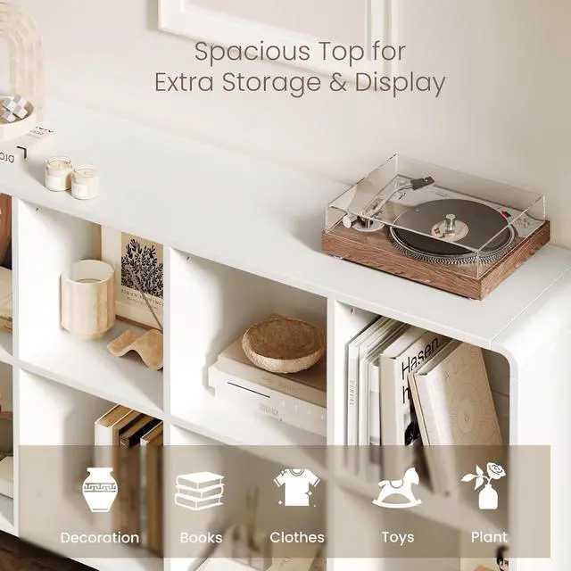 Alt view image 7 of 7 - 8 Cube Storage Organizer, Wooden Cube Shelf with Legs, Modern Curved Edge Bookcase with 2 Removable Back Panels, 2-Tier Open Book Shelf for Living Room Bedroom Office Entryway
