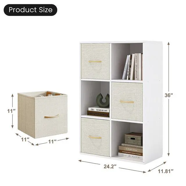 Alt view image 3 of 7 - 6 Cube Storage Organizer - Solid Wood Bookshelf with 3 Storage Bins, Cube Shelf with 2 Removable Back Panels, Vertical or Horizontal Bookcase, Open Book Shelf for Bedroom, Living Room, Office, White