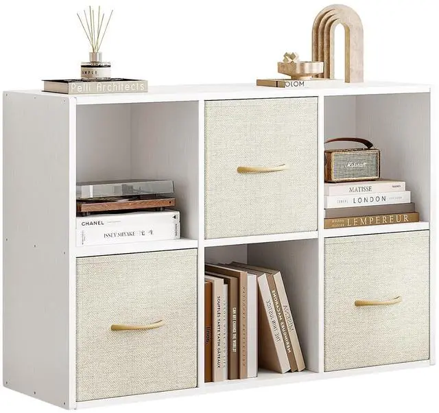 Main image of 6 Cube Storage Organizer - Solid Wood Bookshelf with 3 Storage Bins, Cube Shelf with 2 Removable Back Panels, Vertical or Horizontal Bookcase, Open Book Shelf for Bedroom, Living Room, Office, White