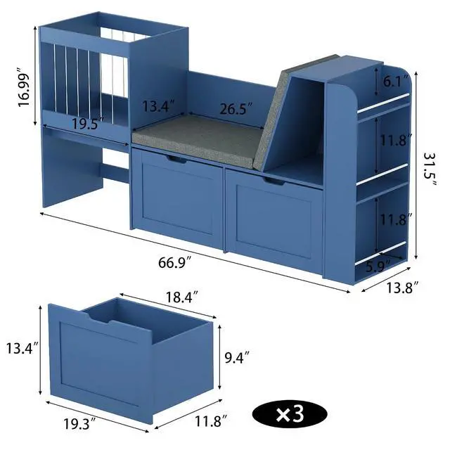 Alt view image 2 of 7 - 66.9"W Kids Reading Nook, Toy Organizer with Stuffed Animal Storage