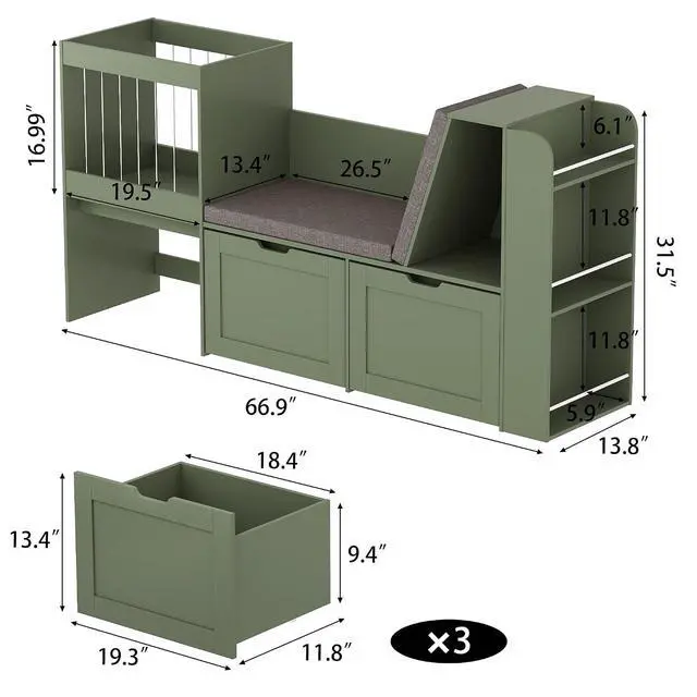 Alt view image 2 of 7 - 66.9" W Kids Reading Nook, Toy Storage with Stuffed Animal Storage