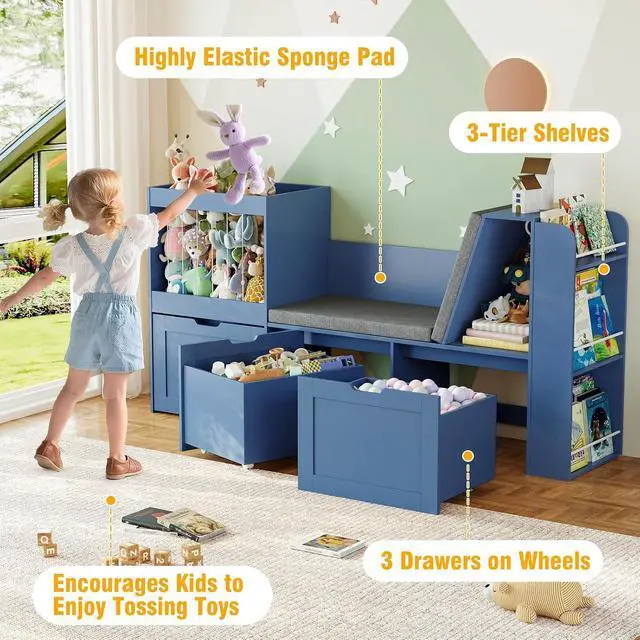 Alt view image 6 of 7 - 66.9"W Kids Reading Nook, Toy Organizer with Stuffed Animal Storage