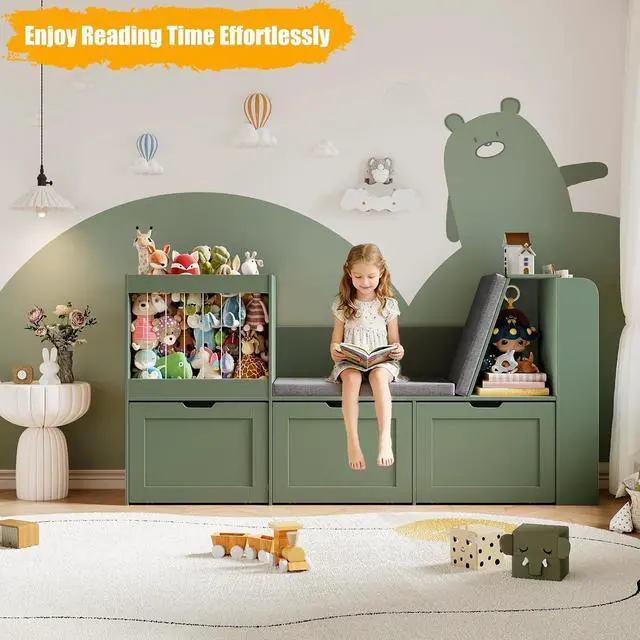 Alt view image 4 of 7 - 66.9" W Kids Reading Nook, Toy Storage with Stuffed Animal Storage