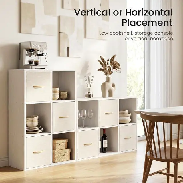 Alt view image 4 of 7 - 6 Cube Storage Organizer - Solid Wood Bookshelf with 3 Storage Bins, Cube Shelf with 2 Removable Back Panels, Vertical or Horizontal Bookcase, Open Book Shelf for Bedroom, Living Room, Office, White