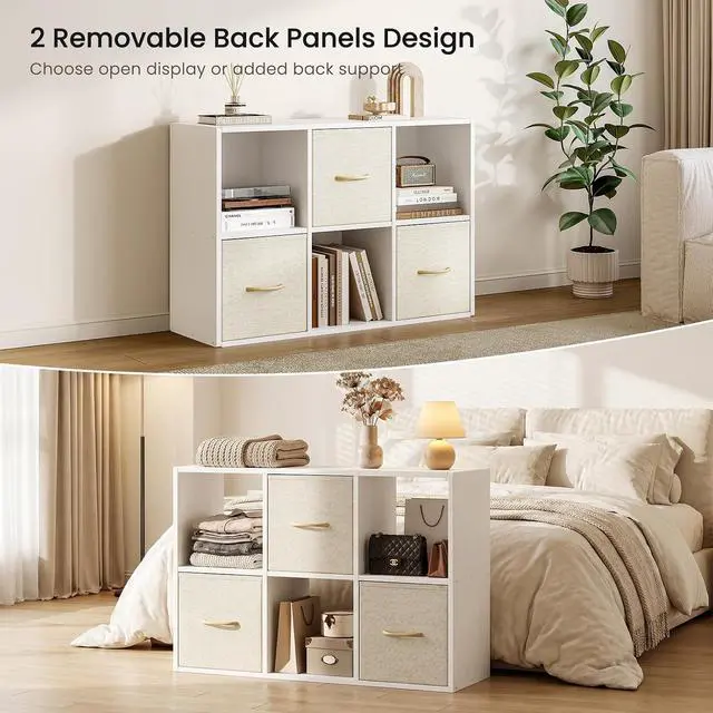 Alt view image 6 of 7 - 6 Cube Storage Organizer - Solid Wood Bookshelf with 3 Storage Bins, Cube Shelf with 2 Removable Back Panels, Vertical or Horizontal Bookcase, Open Book Shelf for Bedroom, Living Room, Office, White