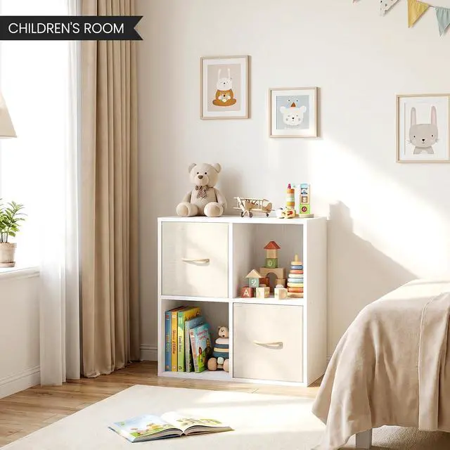 Alt view image 2 of 7 - 4 Cube Storage Organizer - Solid Wood Bookshelf with 2 Storage Bins, Cube Shelf with 2 Removable Back Panels, Vertical or Horizontal Bookcase, Open Book Shelf for Bedroom, Living Room, Office, White