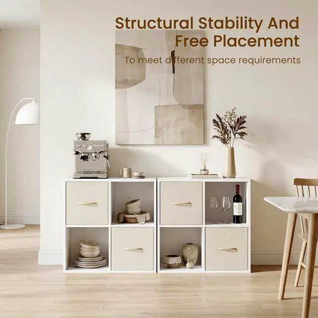 Alt view image 4 of 7 - 4 Cube Storage Organizer - Solid Wood Bookshelf with 2 Storage Bins, Cube Shelf with 2 Removable Back Panels, Vertical or Horizontal Bookcase, Open Book Shelf for Bedroom, Living Room, Office, White
