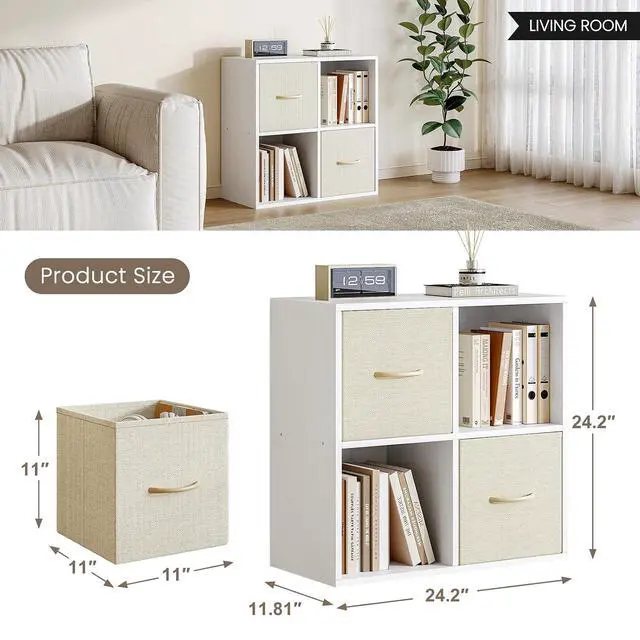 Alt view image 3 of 7 - 4 Cube Storage Organizer - Solid Wood Bookshelf with 2 Storage Bins, Cube Shelf with 2 Removable Back Panels, Vertical or Horizontal Bookcase, Open Book Shelf for Bedroom, Living Room, Office, White