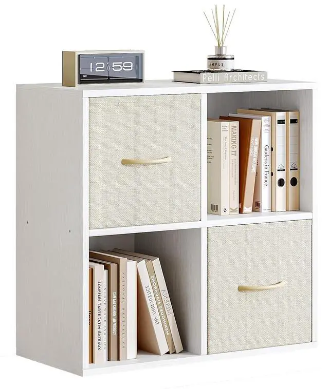 Main image of 4 Cube Storage Organizer - Solid Wood Bookshelf with 2 Storage Bins, Cube Shelf with 2 Removable Back Panels, Vertical or Horizontal Bookcase, Open Book Shelf for Bedroom, Living Room, Office, White