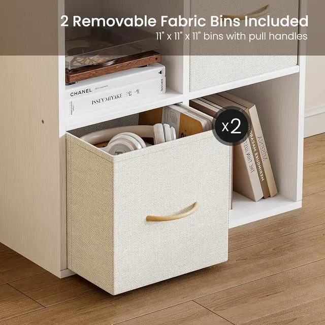 Alt view image 5 of 7 - 4 Cube Storage Organizer - Solid Wood Bookshelf with 2 Storage Bins, Cube Shelf with 2 Removable Back Panels, Vertical or Horizontal Bookcase, Open Book Shelf for Bedroom, Living Room, Office, White