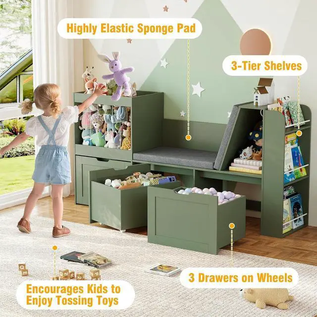 Alt view image 5 of 7 - 66.9" W Kids Reading Nook, Toy Storage with Stuffed Animal Storage